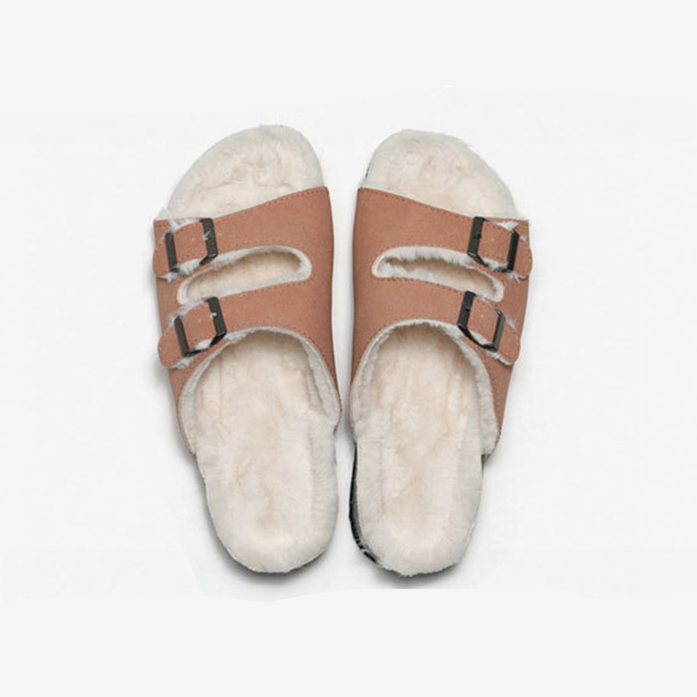 Nuevas zapatillas de lana para otoño e invierno, zapatillas de corcho para mujer, sandalias cálidas para hombre, zapatillas de piel de ante para exterior con doble hebilla y punta abierta