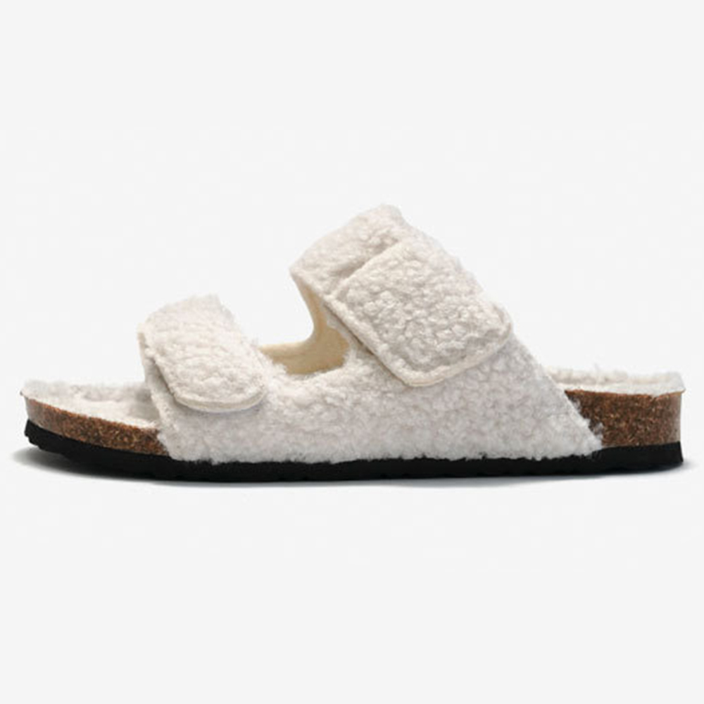 Sandalias planas cómodas con plantilla de corcho de piel de felpa para mujer