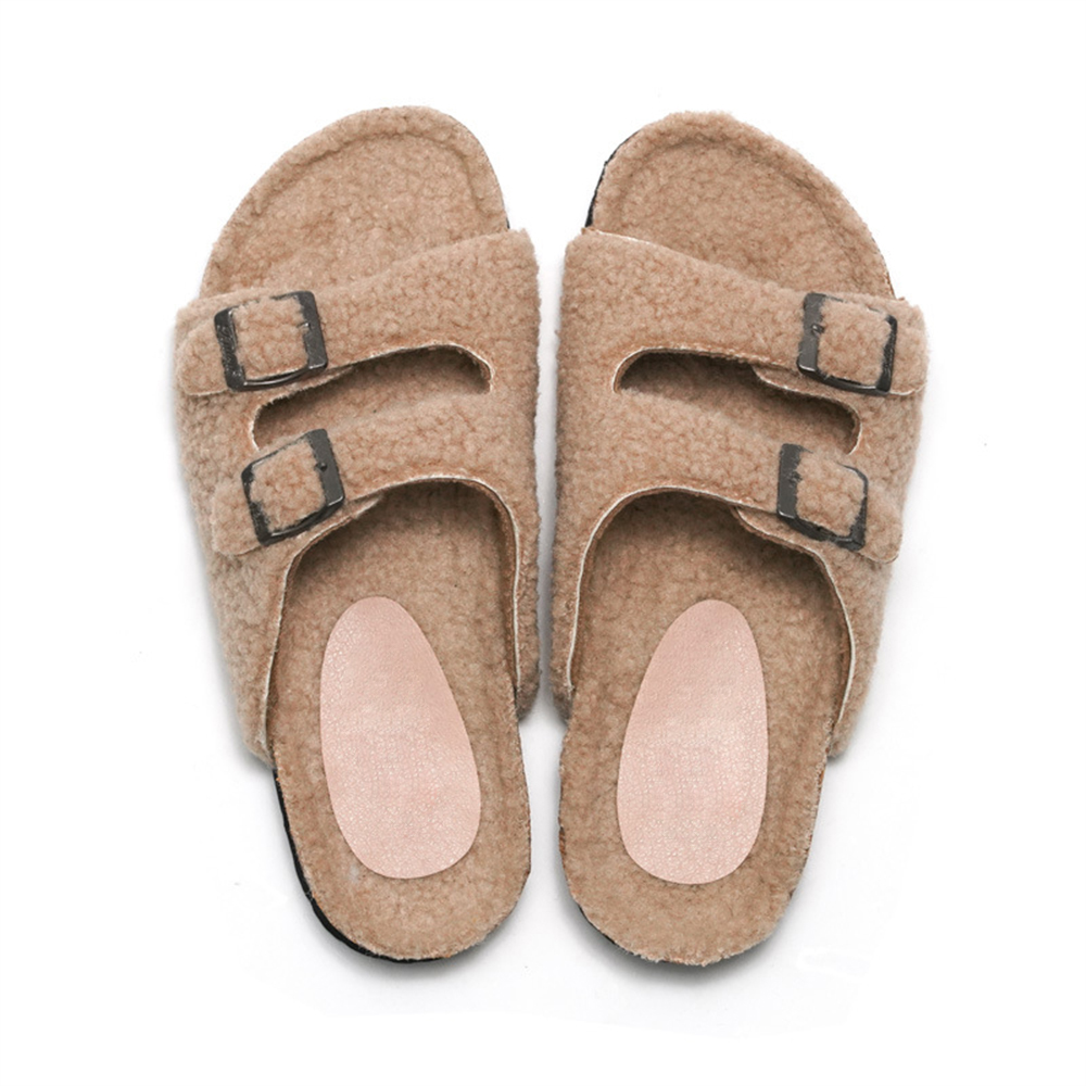 Zapatillas de piel sintética nuevas zapatillas de corcho para otoño e invierno, parte superior de cordero para mujer, ropa exterior cálida, zapatos de playa