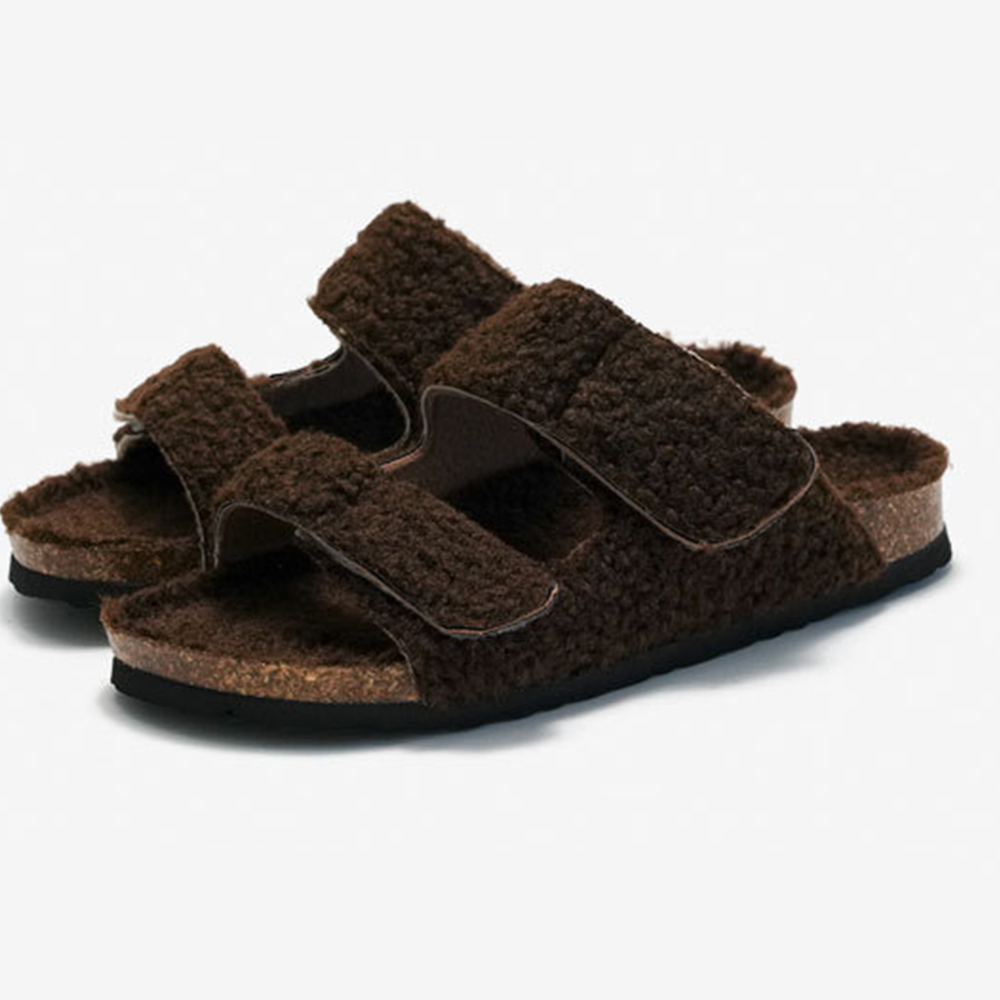 Sandalias planas cómodas con plantilla de corcho de piel de felpa para mujer