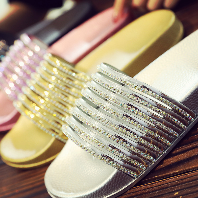 Zapatillas de fondo plano con diamantes brillantes y brillantes de Pvc