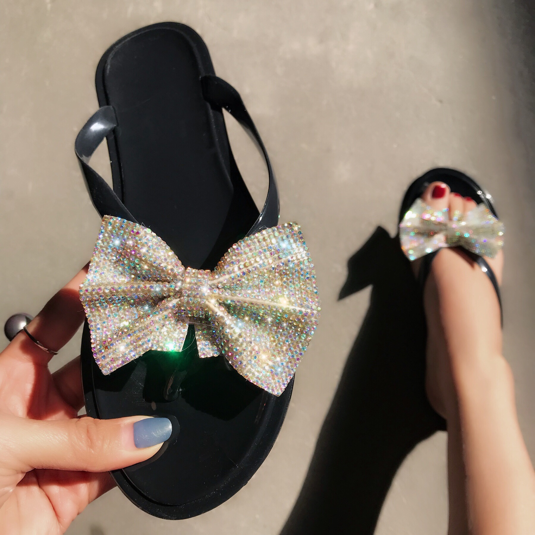 Verano Clip Toe Bow Sparkling Diamond Mujer Zapatillas Sandalias Planas