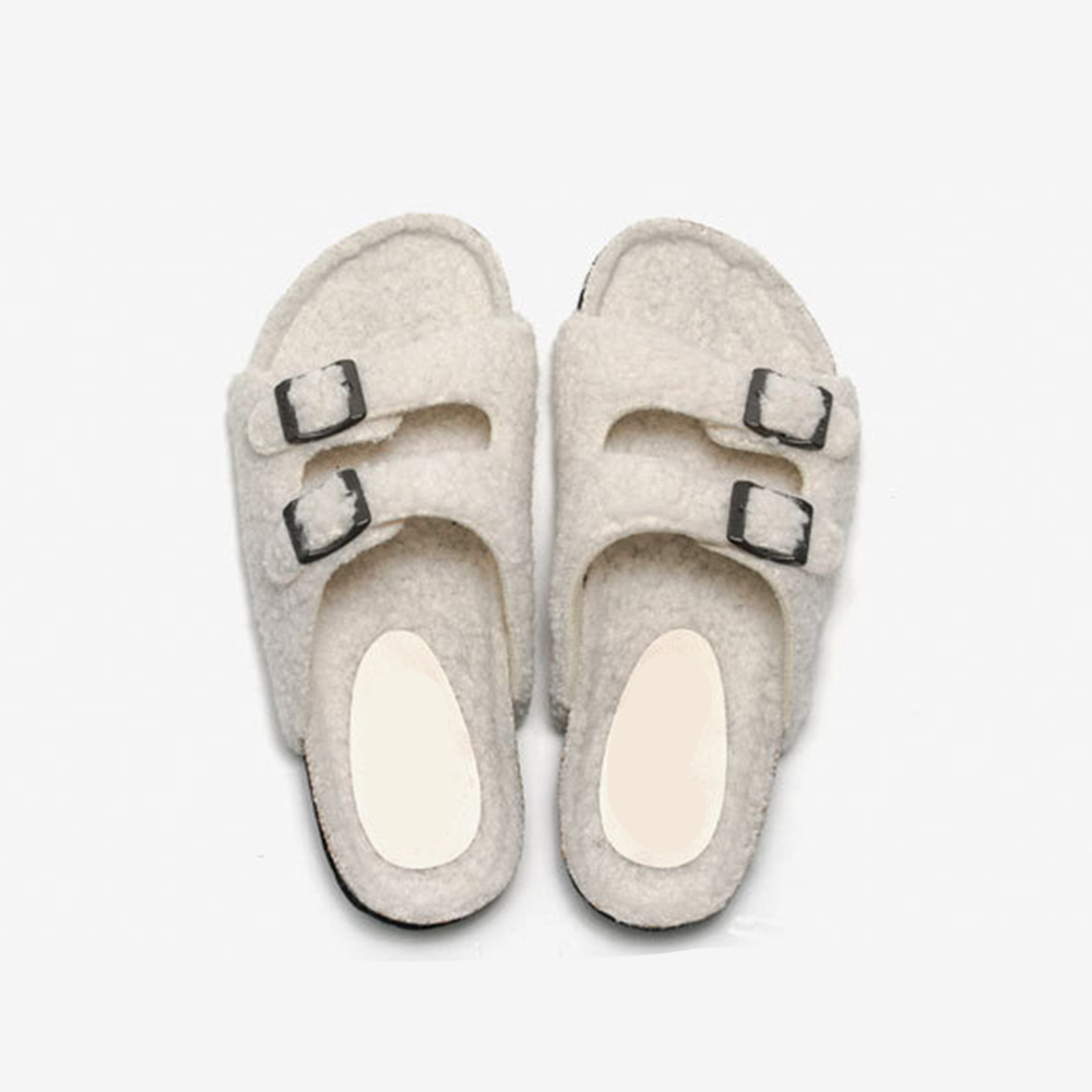 Zapatillas de piel sintética nuevas zapatillas de corcho para otoño e invierno, parte superior de cordero para mujer, ropa exterior cálida, zapatos de playa