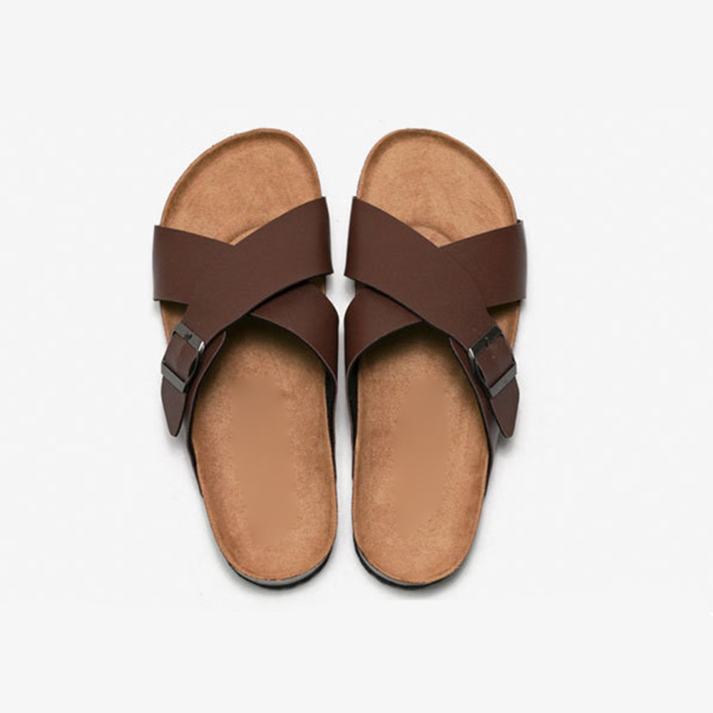 Sandalias de los hombres de los deslizadores de los planos de la correa de la hebilla causal de la banda cruzada de la playa para las diapositivas interiores al aire libre del corcho