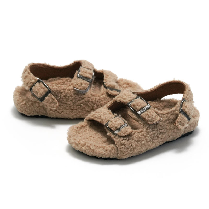 Zapatos de felpa de invierno para niños, sandalias con suela de corcho, zapatillas de lana para niños y niñas, zapatos para el hogar