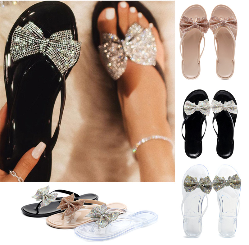 Verano Clip Toe Bow Sparkling Diamond Mujer Zapatillas Sandalias Planas