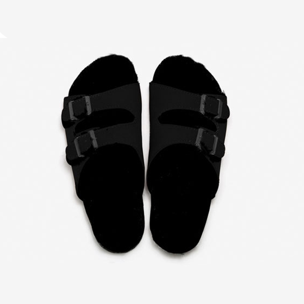 Nuevas zapatillas de lana para otoño e invierno, zapatillas de corcho para mujer, sandalias cálidas para hombre, zapatillas de piel de ante para exterior con doble hebilla y punta abierta