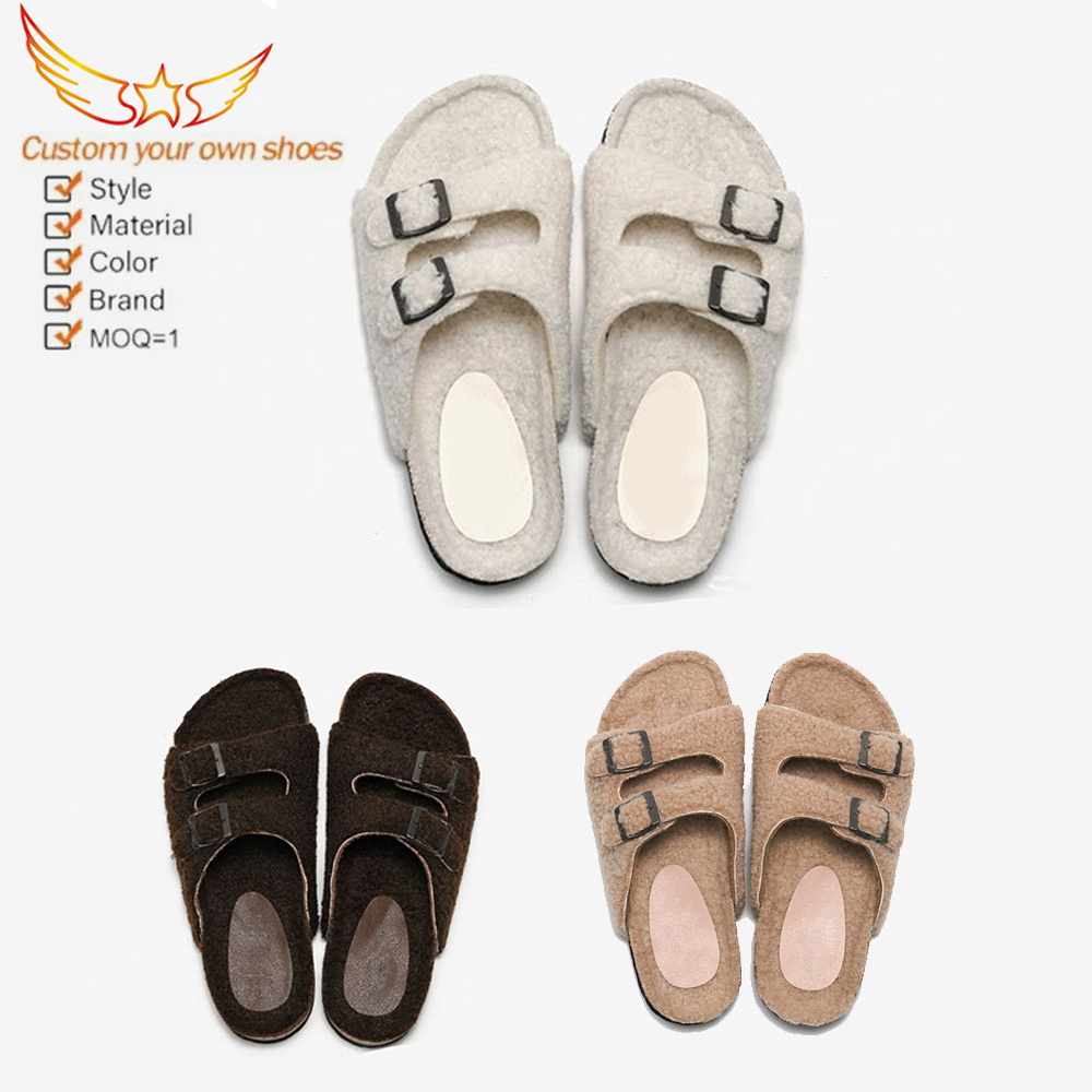 Zapatillas de piel sintética nuevas zapatillas de corcho para otoño e invierno, parte superior de cordero para mujer, ropa exterior cálida, zapatos de playa