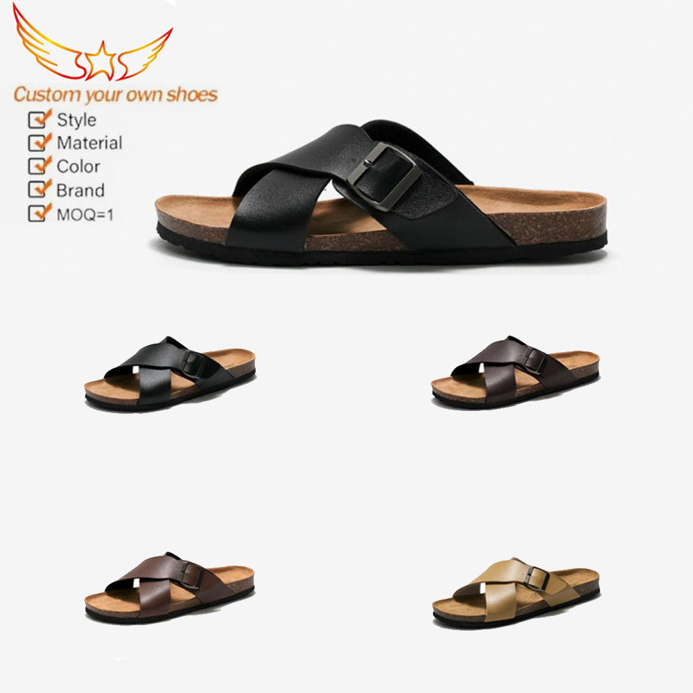 Sandalias de los hombres de los deslizadores de los planos de la correa de la hebilla causal de la banda cruzada de la playa para las diapositivas interiores al aire libre del corcho