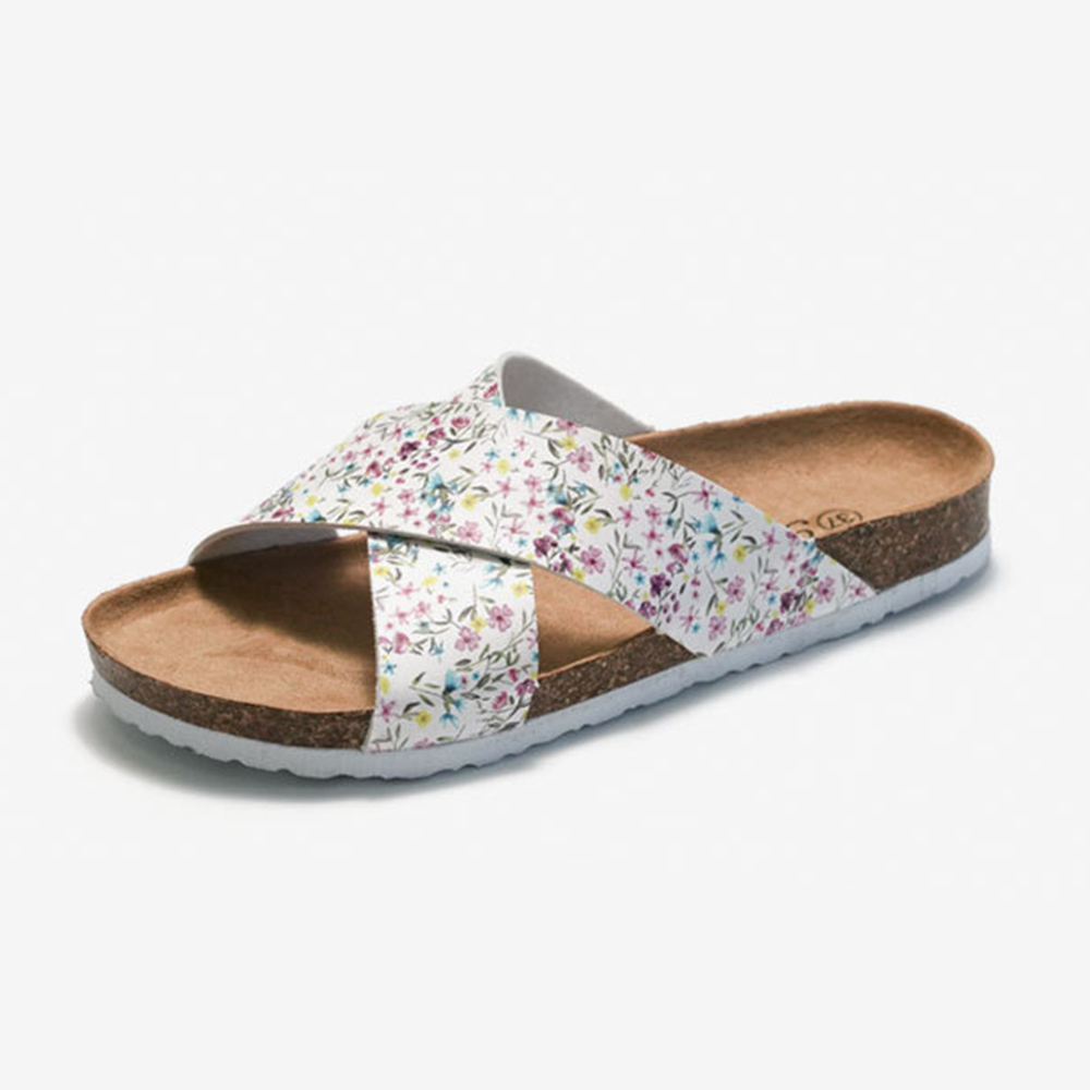 Zapatillas de corcho para mujer Sandalias planas ligeras transpirables con correa cruzada Zapatillas de China con diseño floral