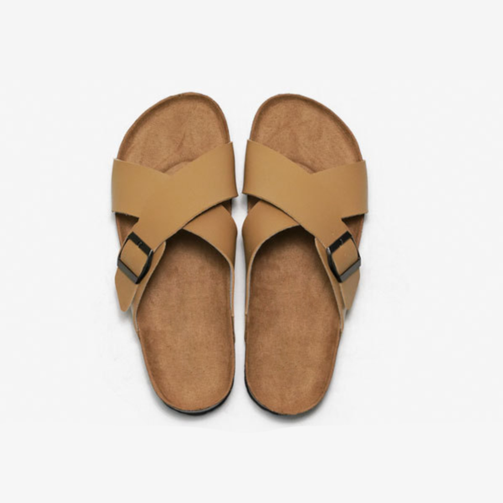 Sandalias de los hombres de los deslizadores de los planos de la correa de la hebilla causal de la banda cruzada de la playa para las diapositivas interiores al aire libre del corcho