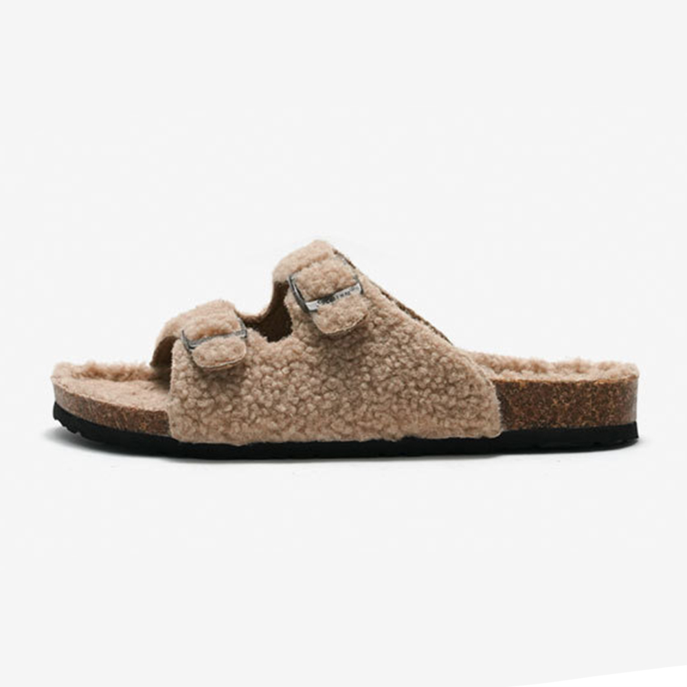 Zapatillas de piel sintética nuevas zapatillas de corcho para otoño e invierno, parte superior de cordero para mujer, ropa exterior cálida, zapatos de playa