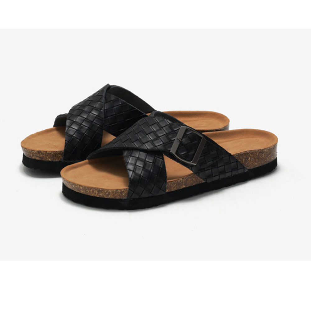 Sandalias de los hombres de los deslizadores de los planos de la correa de la hebilla causal de la banda cruzada de la playa para las diapositivas interiores al aire libre del corcho