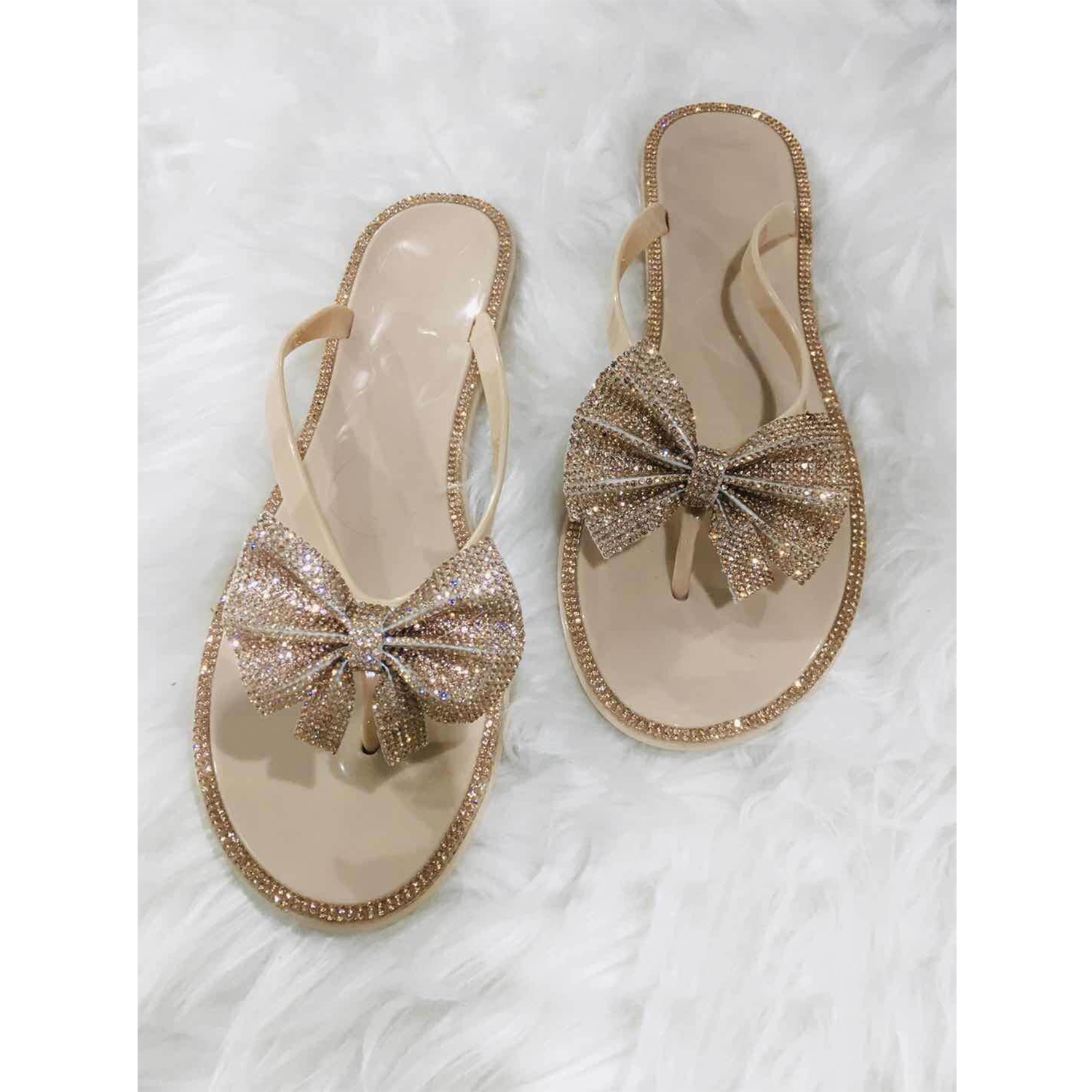 Moda mujer Diamante de imitación brillante Bling verano suave zapatilla plana Nudo de mariposa lazo Tielady diapositivas Flip Flop zapatos