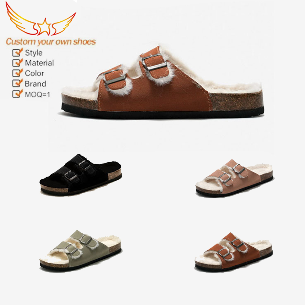 Nuevas zapatillas de lana para otoño e invierno, zapatillas de corcho para mujer, sandalias cálidas para hombre, zapatillas de piel de ante para exterior con doble hebilla y punta abierta