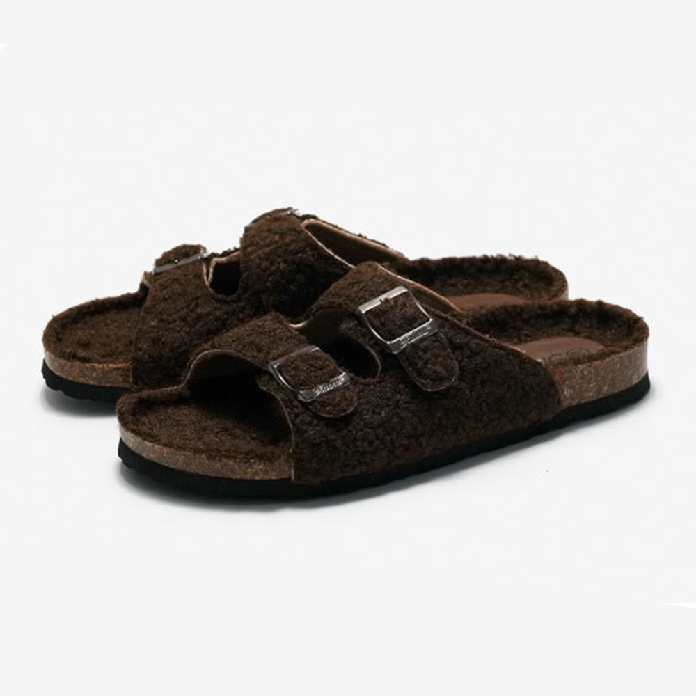 Zapatillas de piel sintética nuevas zapatillas de corcho para otoño e invierno, parte superior de cordero para mujer, ropa exterior cálida, zapatos de playa