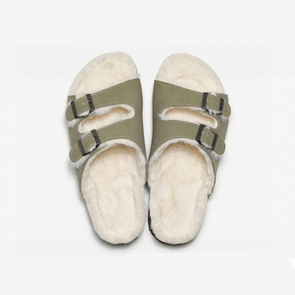 Nuevas zapatillas de lana para otoño e invierno, zapatillas de corcho para mujer, sandalias cálidas para hombre, zapatillas de piel de ante para exterior con doble hebilla y punta abierta