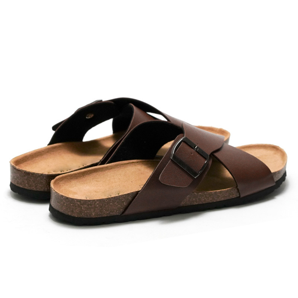 Sandalias de los hombres de los deslizadores de los planos de la correa de la hebilla causal de la banda cruzada de la playa para las diapositivas interiores al aire libre del corcho