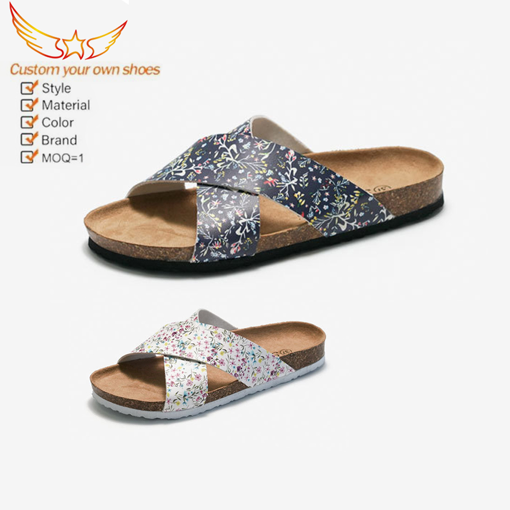 Zapatillas de corcho para mujer Sandalias planas ligeras transpirables con correa cruzada Zapatillas de China con diseño floral